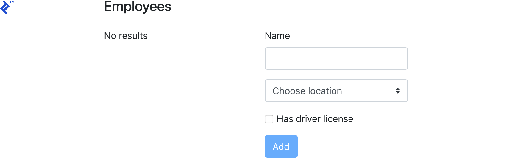 The same empty employees list as before, this time with a form for adding a new employee.