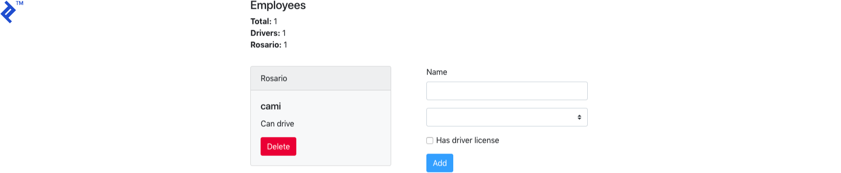 The employee list with an employee card in it, and the form still filled out from adding it.