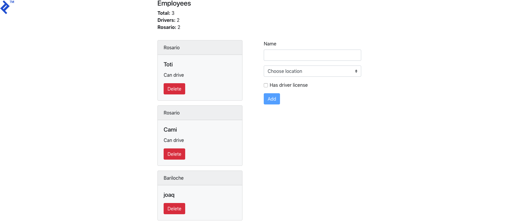 Employees page, now with a summary above the list, showing counts of total employees, those who are drivers, and those who are from Rosario.
