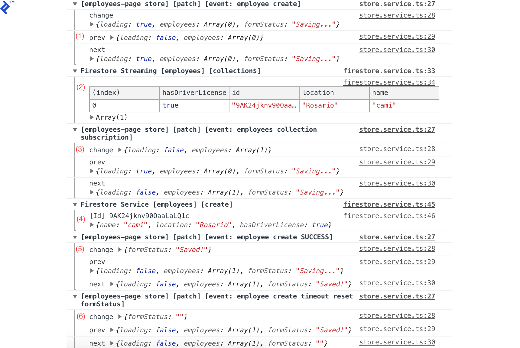 The previous log output with all state management detail expanded.