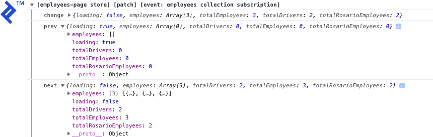 Console output showing a patch event changing the summary values.