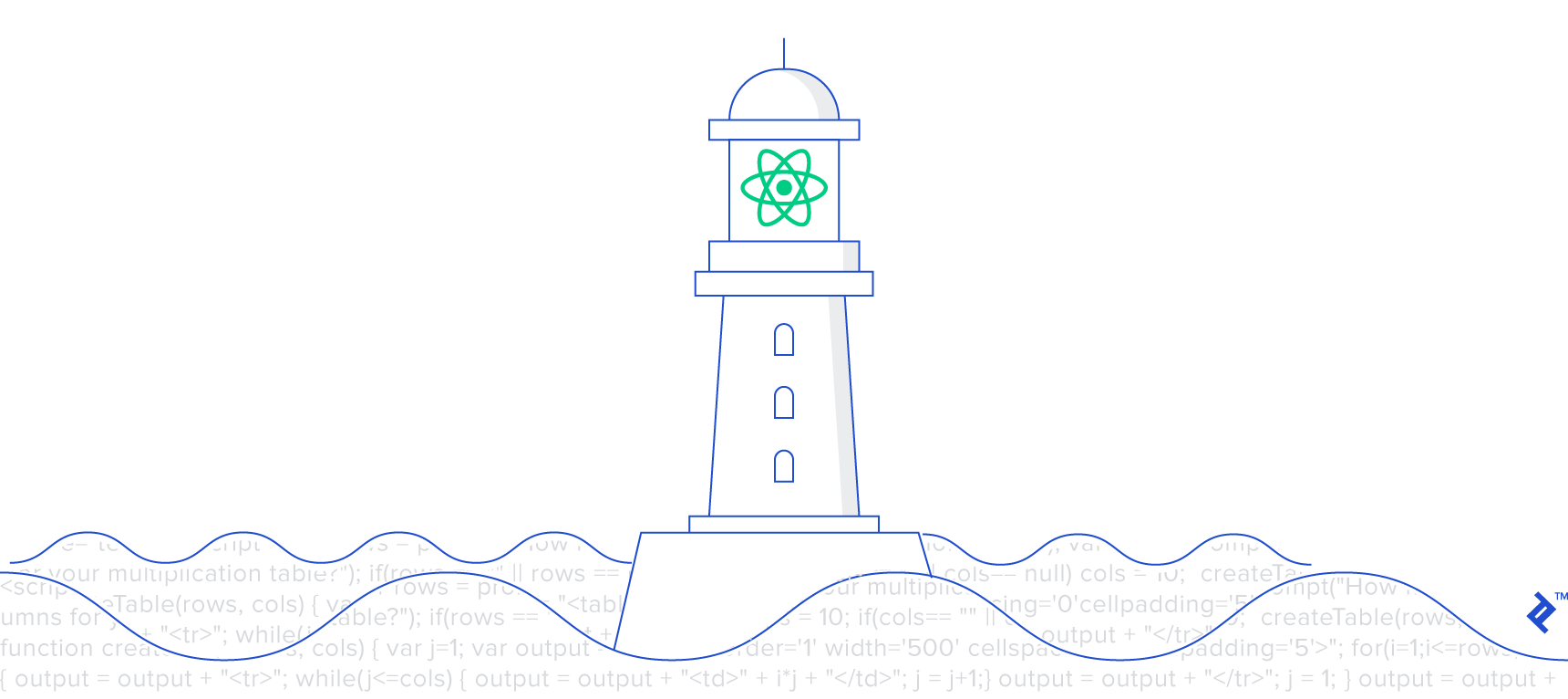 Illustration of React as a lighthouse clearly displayed over a sea of JavaScript code