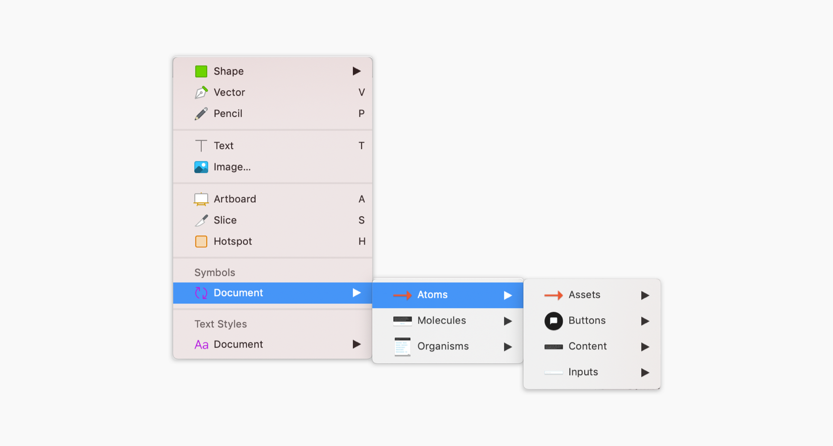 The insert panel menu in Sketch for Atomic Design instantiation