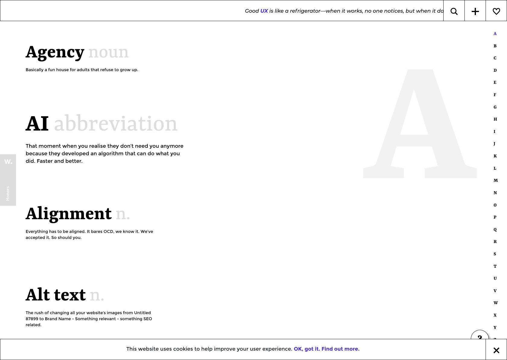 Links to each letter on the right enhance UX on this one-page scrolling website