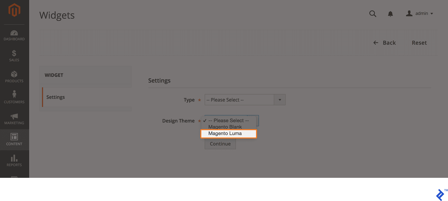 Image of the Magento Luma theme selection in the Design Theme menu
