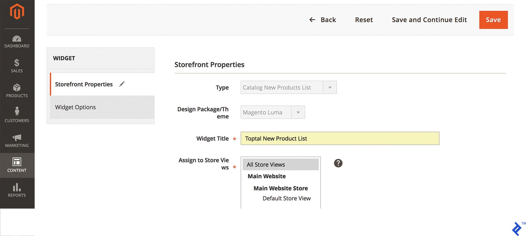 Image of the Magento Storefront Properties tab