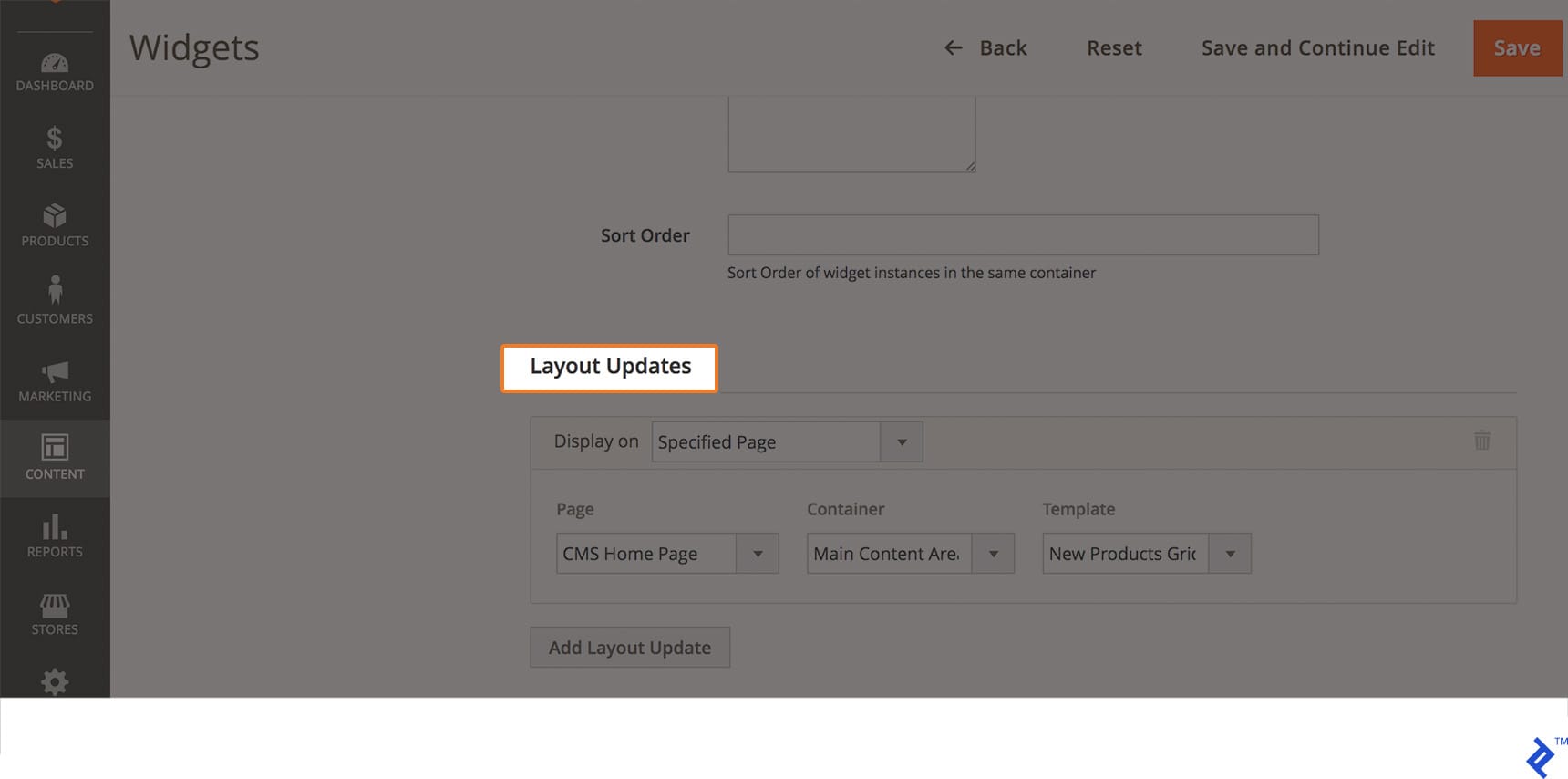 Image of the Layout Updates tab in Magento 2