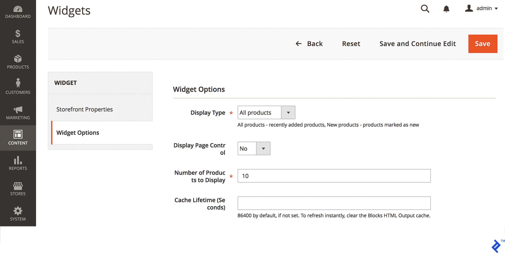 Widget Options section used to set Magento 2 Widget parameters