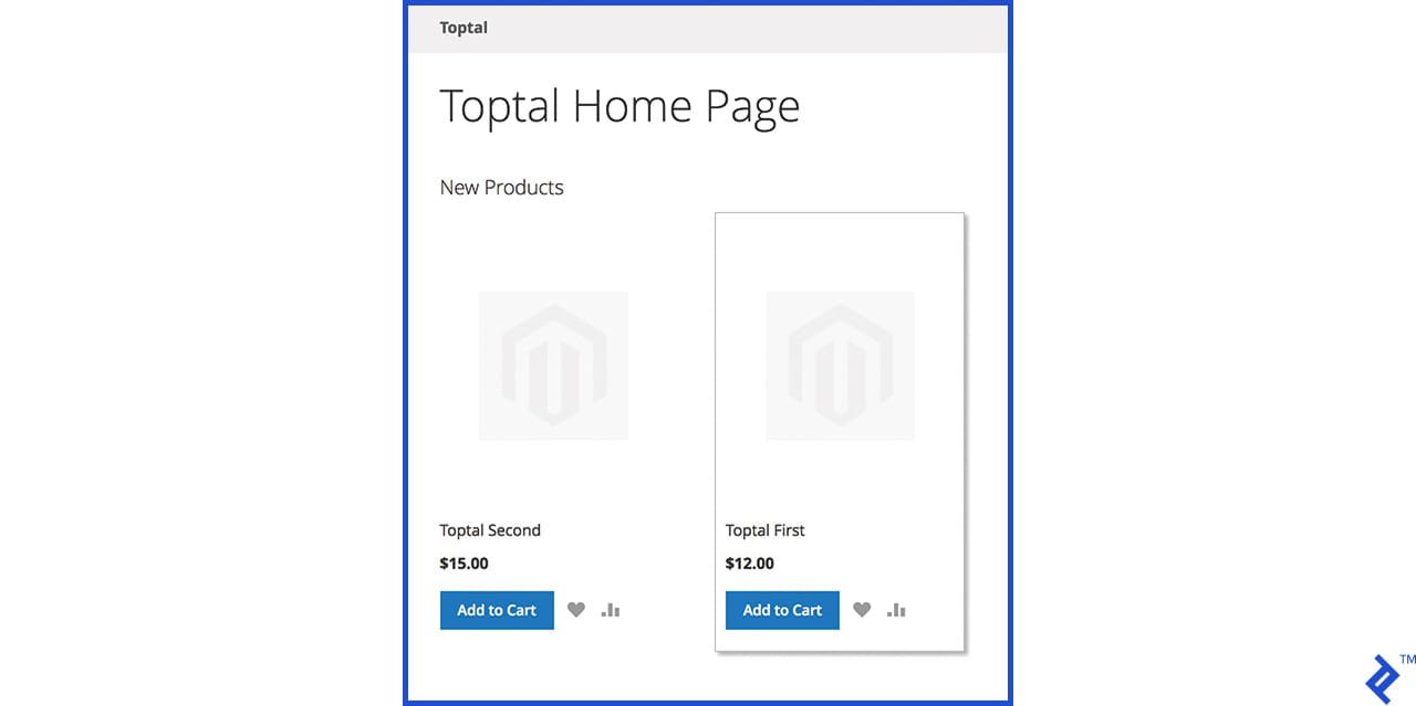 Magento 2 New Products display, resulting from the previous image's selections