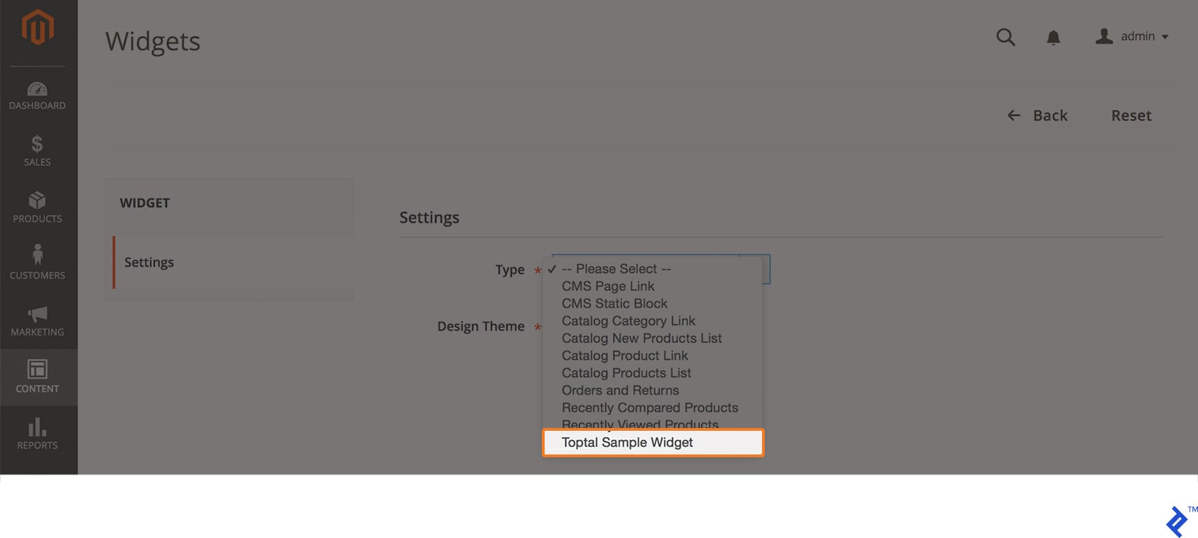 Toptal Sample Widget selected in the Magento 2 Type menu