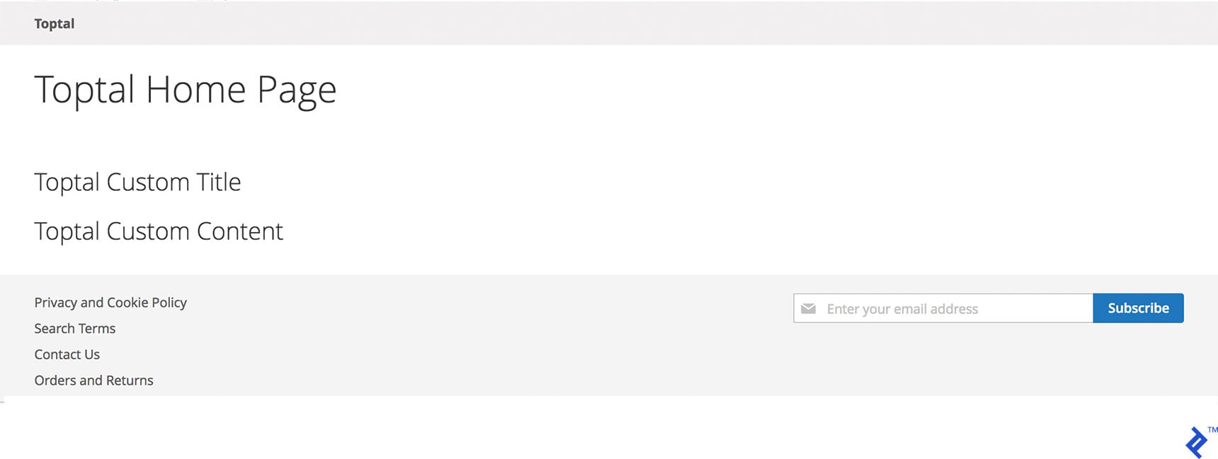 Image of Toptal home page with custom title and content in Magento 2