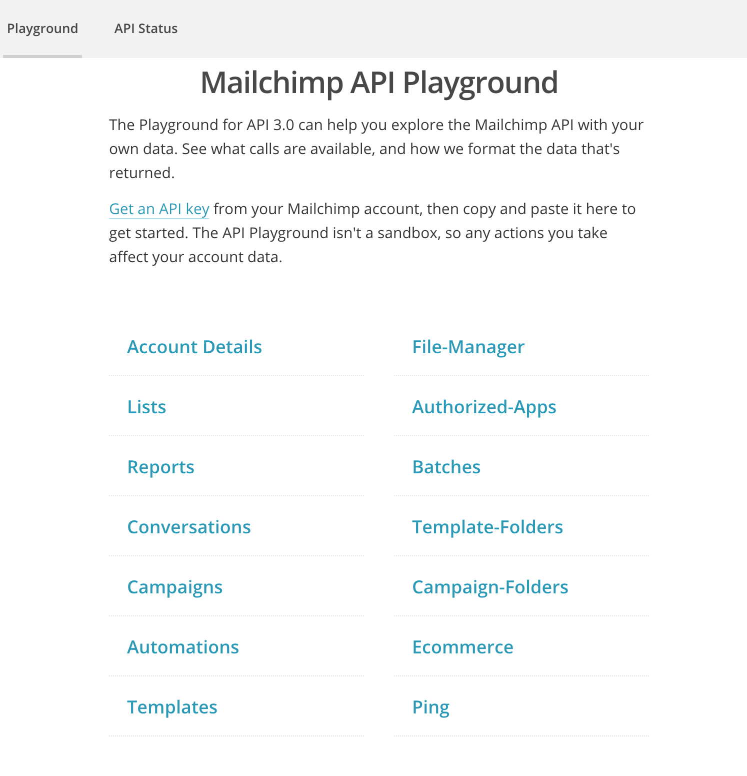 Screenshot of the Mailchimp API playground