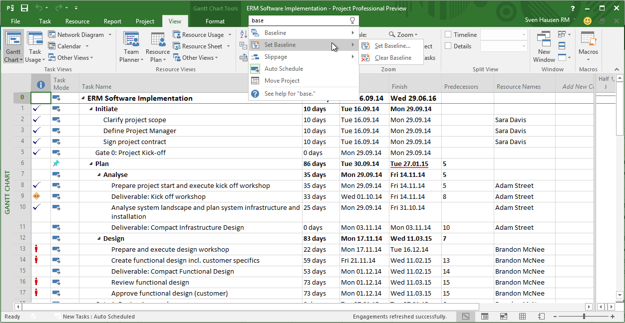 MS Project management software screenshot