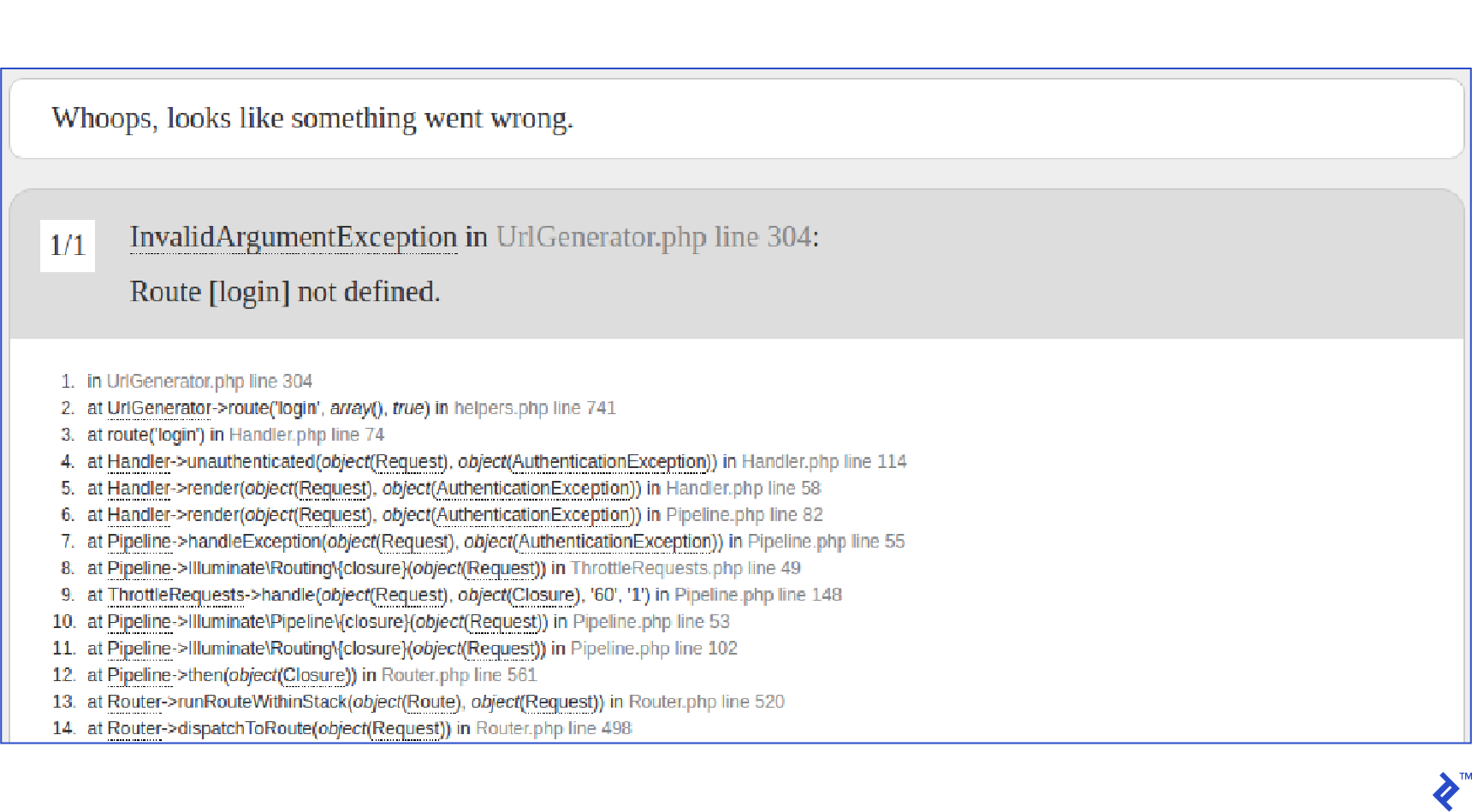 Uno Stacktrace InvalidArgumentException