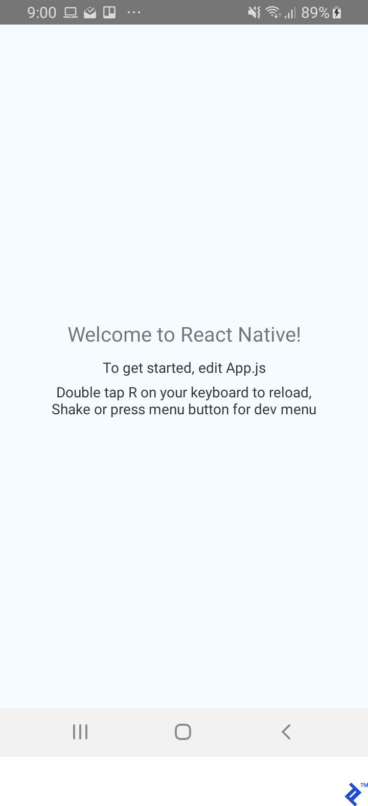 The Android Emulator showing a React Native welcome screen.
