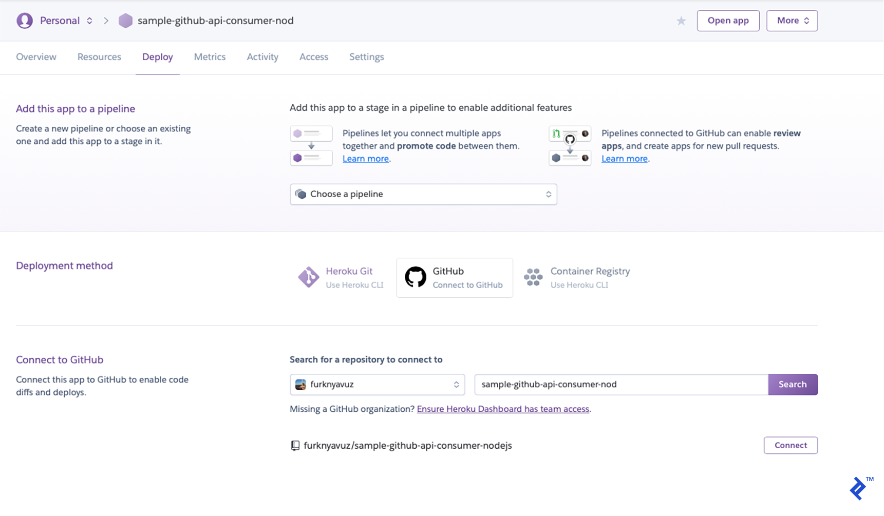 Linking your new GitHub repo to your Heroku app.
