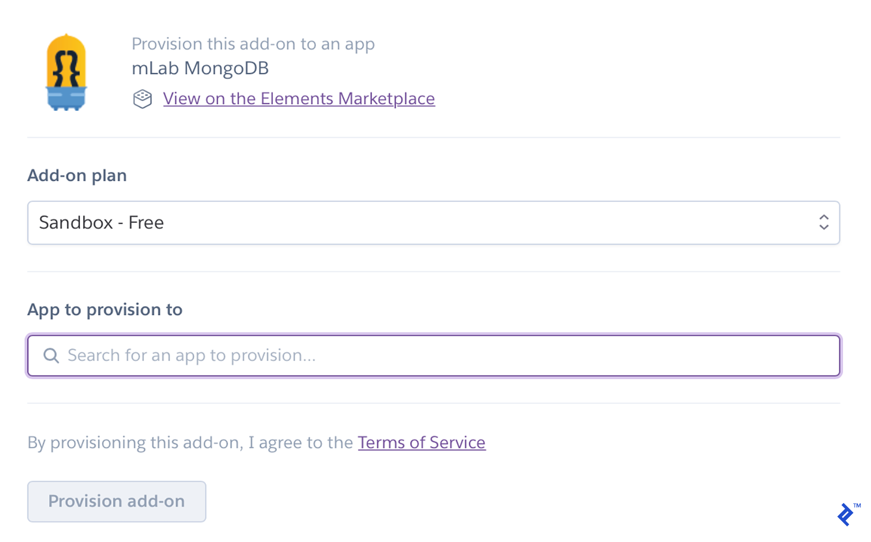 The mLab MongoDB add-on provision page in Heroku.
