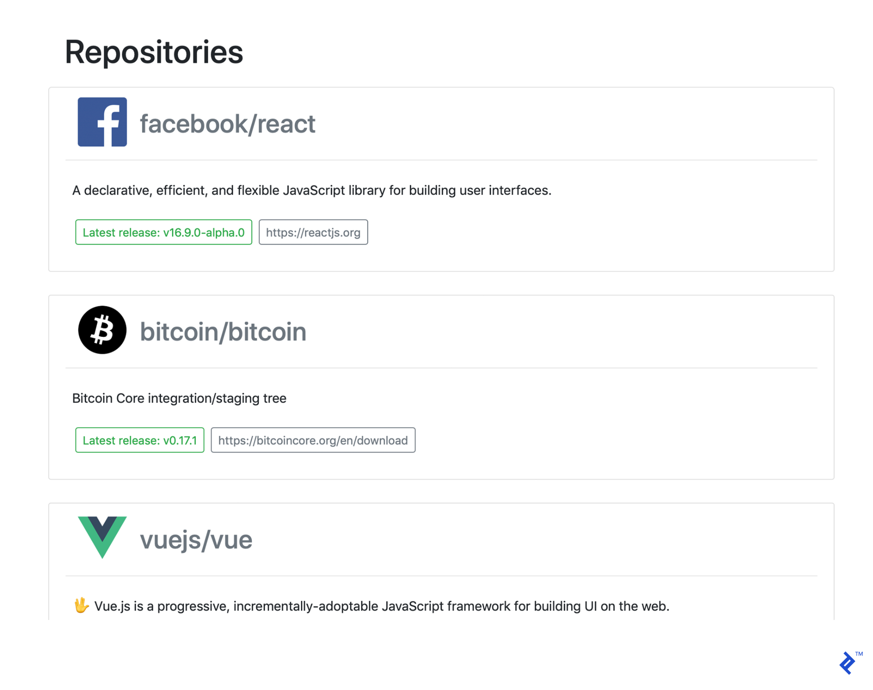 The repositories listing home page of our app, showing basic info for a sample of GitHub repos