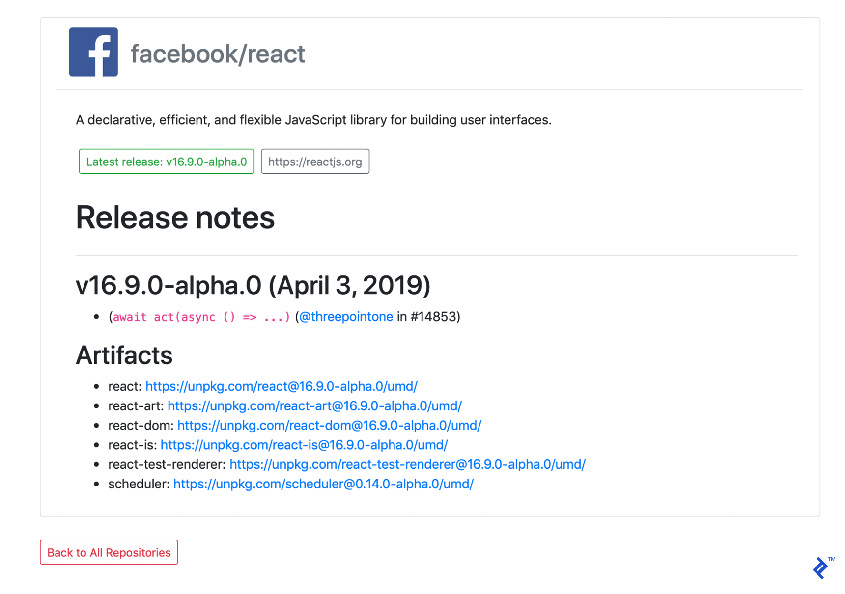 A sample repository detail page, showing more information about the facebook/react GitHub repo