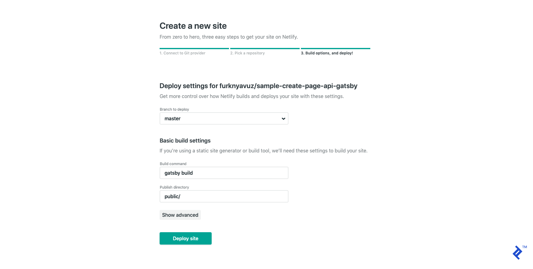 The correct settings for Netlify's build options: Deploy master, use "gatsby build" as the build command, and publish to the "public/" directory.