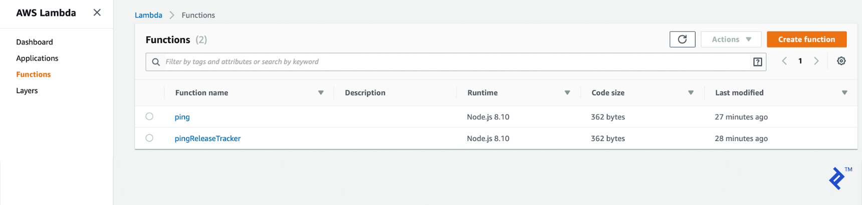 The AWS Lambda "Functions" section