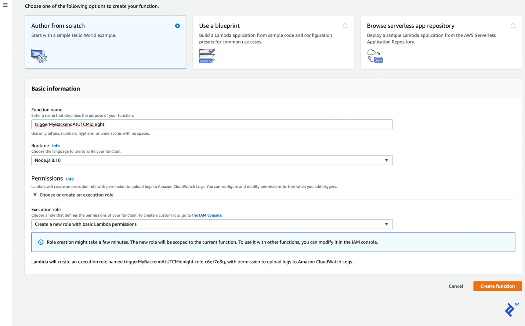 AWS Lambda's "Create function" page, filled out at create triggerMyBackendAtUTCMidnight with a Node.js runtime and a new role with basic Lambda permissions