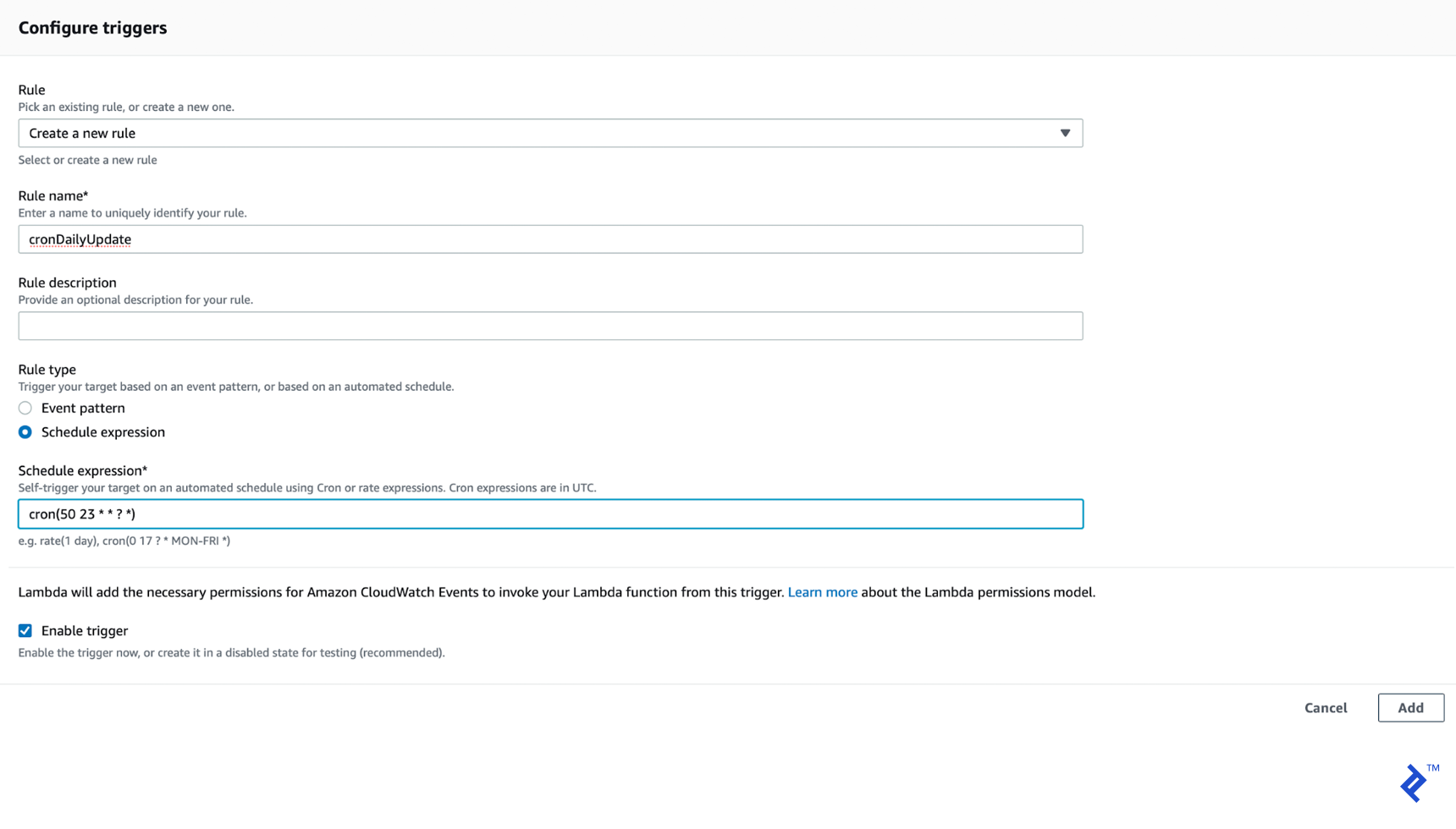 The AWS CloudWatch "Configure triggers" page, set to create a new rule called cronDailyUpdate with the expression given above and the trigger enabled
