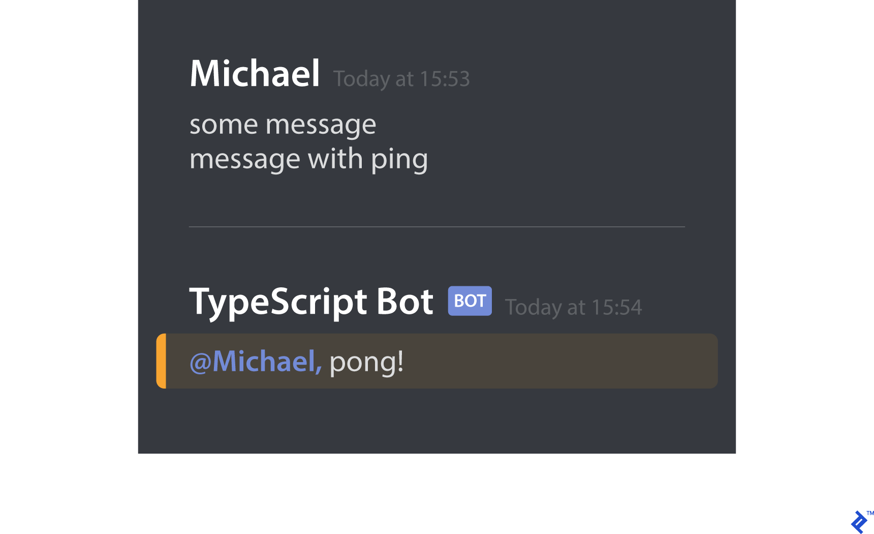 The bot responding to a message containing the word "ping."