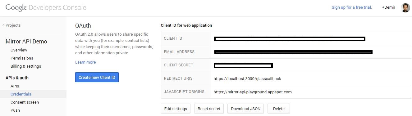 Google Developers Console provides your Glass app’s client ID.
