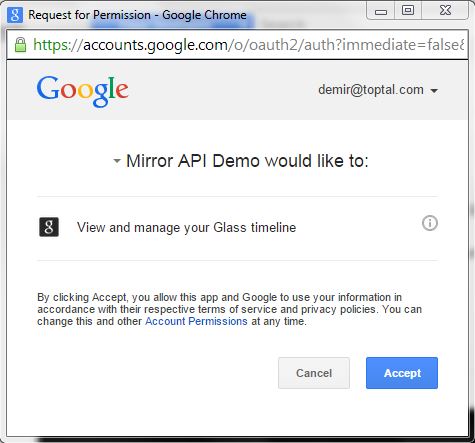 This critical step connects Mirror API Playground to your Google Glass timeline.