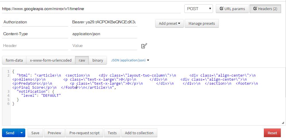This is the Postman screen for the request to send sports results to fans on Google Glass.