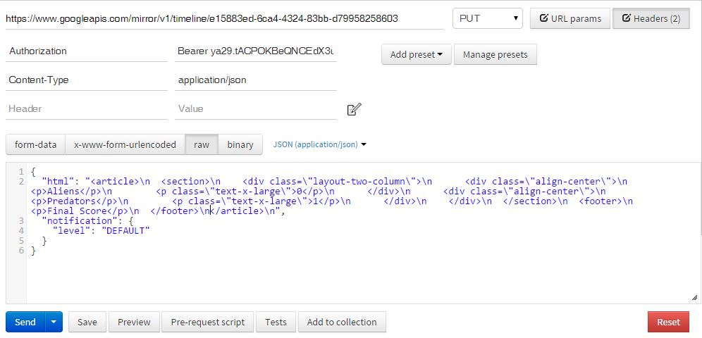 This is the Postman configuration to send the score to Google Glass devices.