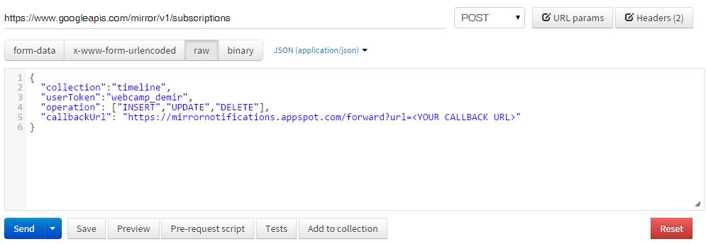 Use this function to subscribe to receive notifications from Mirror API when your user performs an action in your Google Glass app.