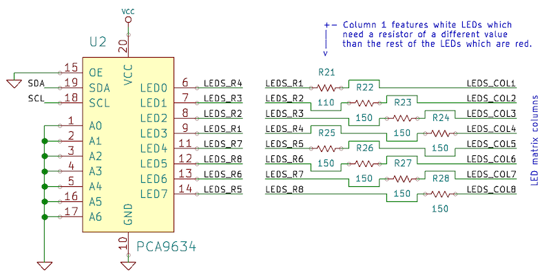 Two integrated circuits drive the LED matrix on the Ultimate Hacker Keyboard.