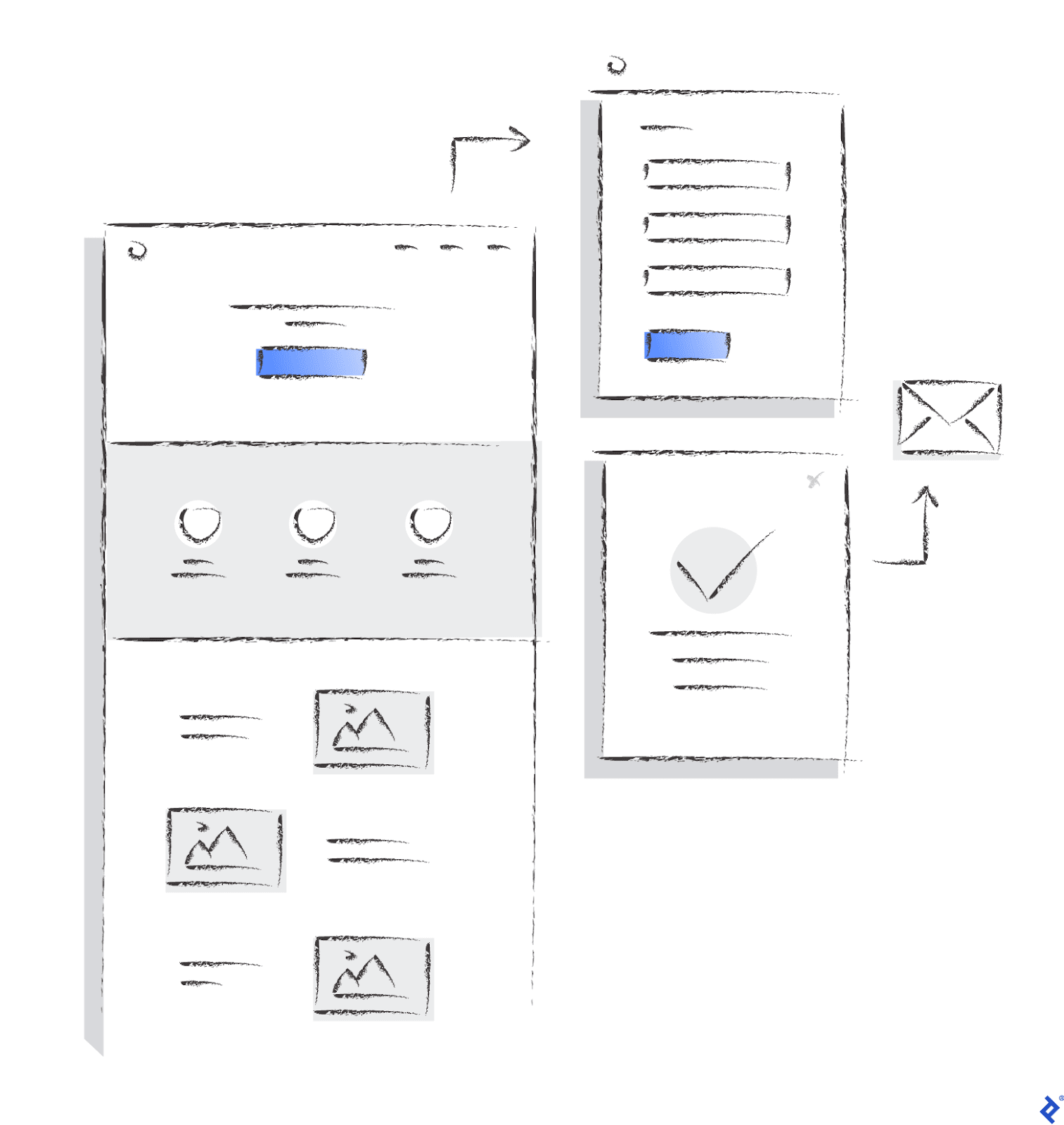 Sketches show how designers begin to structure content on a page.