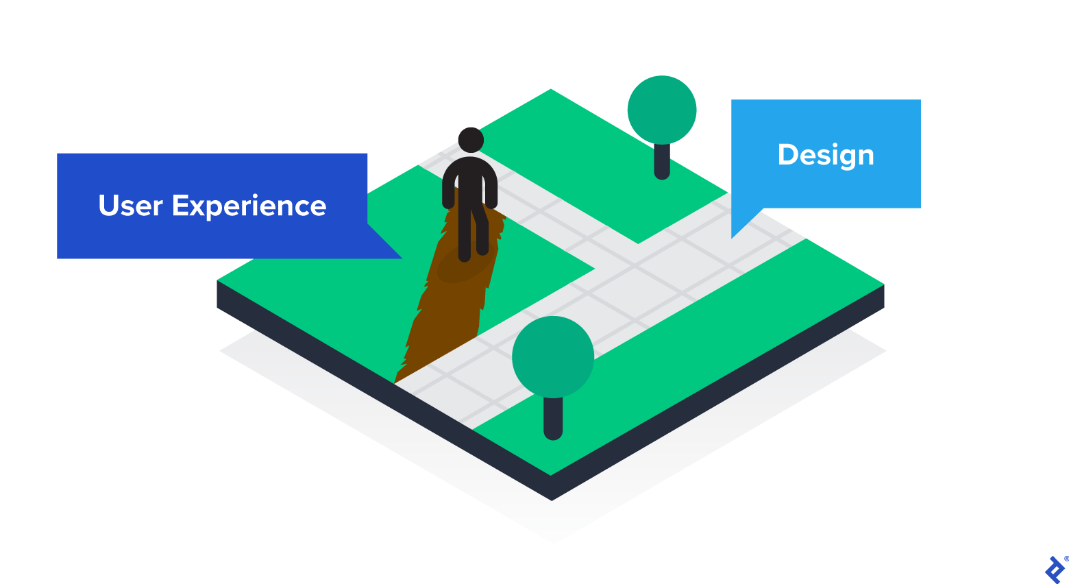 A character forges their own footpath rather than walk on a paved path, illustrating that design doesn’t always meet the user’s expectations.