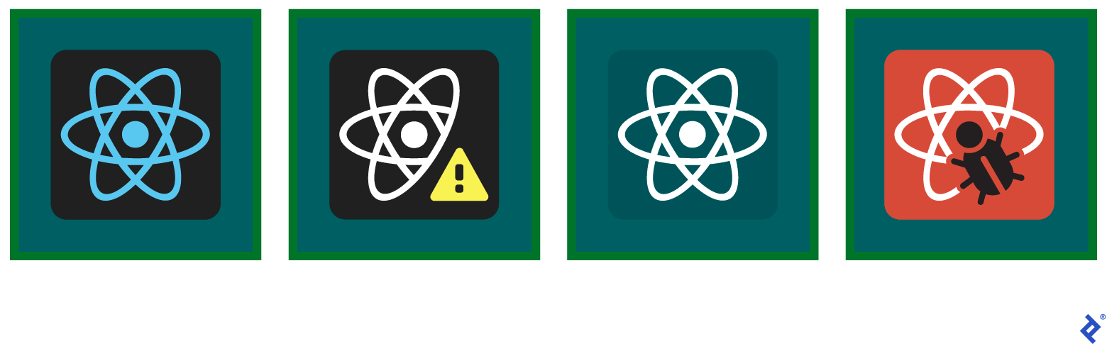 Four variations of the React logo. From left to right, a blue logo with a black background (production), a white logo with a black background and yellow warning triangle (outdated React), a white logo with no background (no React), and a white logo with a red background and a black bug (development).