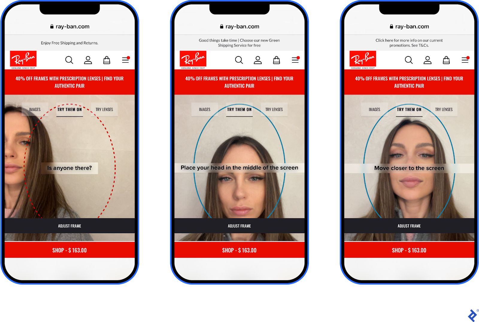 Three mobile phones displaying Ray-Banâs virtual try-on. A womanâs face is in different positions on each screen, and instructions tell her how to move.