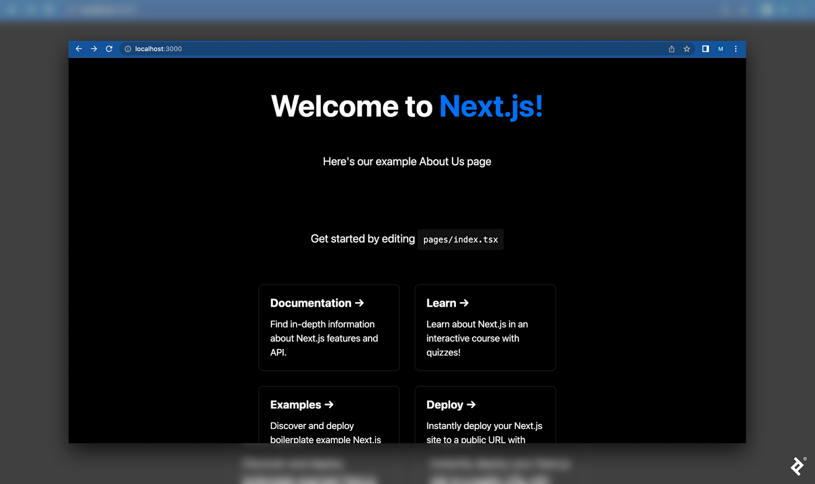 The Next.js website template displayed at “localhost:3000,” with an added description below “Welcome to Next.js!”: “Here’s our example About Us page.”
