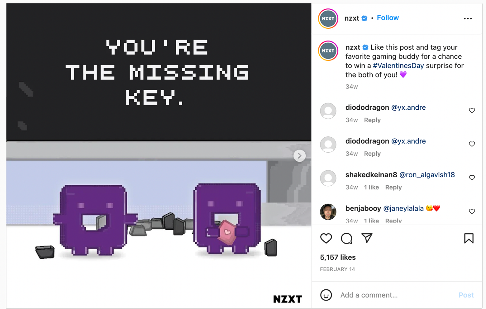 Screenshot from an Instagram post of two square purple Pucci characters drawn in a classic pixelated arcade style. One holds a valentine. Above them in Atari font, reads “You’re the missing key.” Next to it are comments and 5,157 likes.