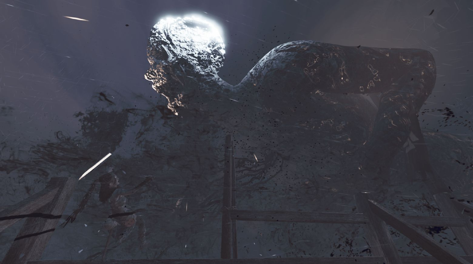 Hela, Norse goddess of the dead, appears before Senua as a giant, roaring, badly charred monster in Hellblade: Senuaâs Sacrifice, VR Edition.