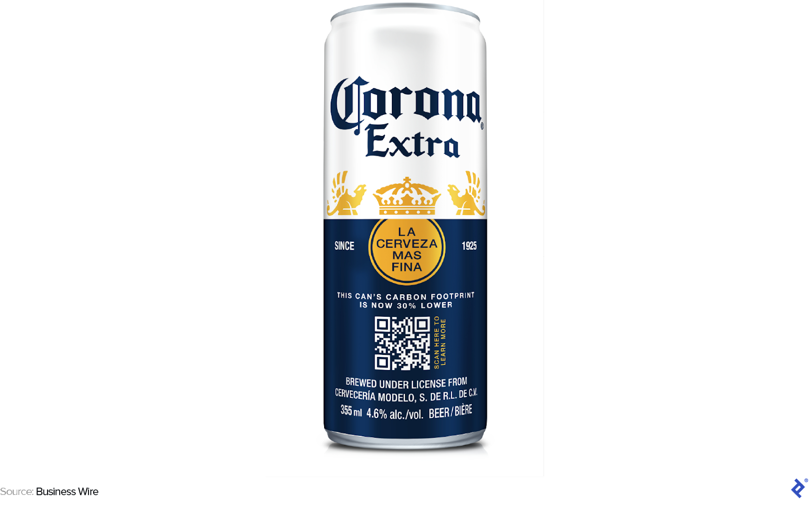 An image of a can of Corona Extra beer with a QR code from the aluminum producer, Rio Tinto. Consumers can scan the code to access a webpage on the blockchain detailing the can’s journey from mine to market, including data on sustainability and environmental impact. Text to the right of the code reads, “Scan here to learn more,” and text above it says, “This can’s carbon footprint is now 30% lower.”