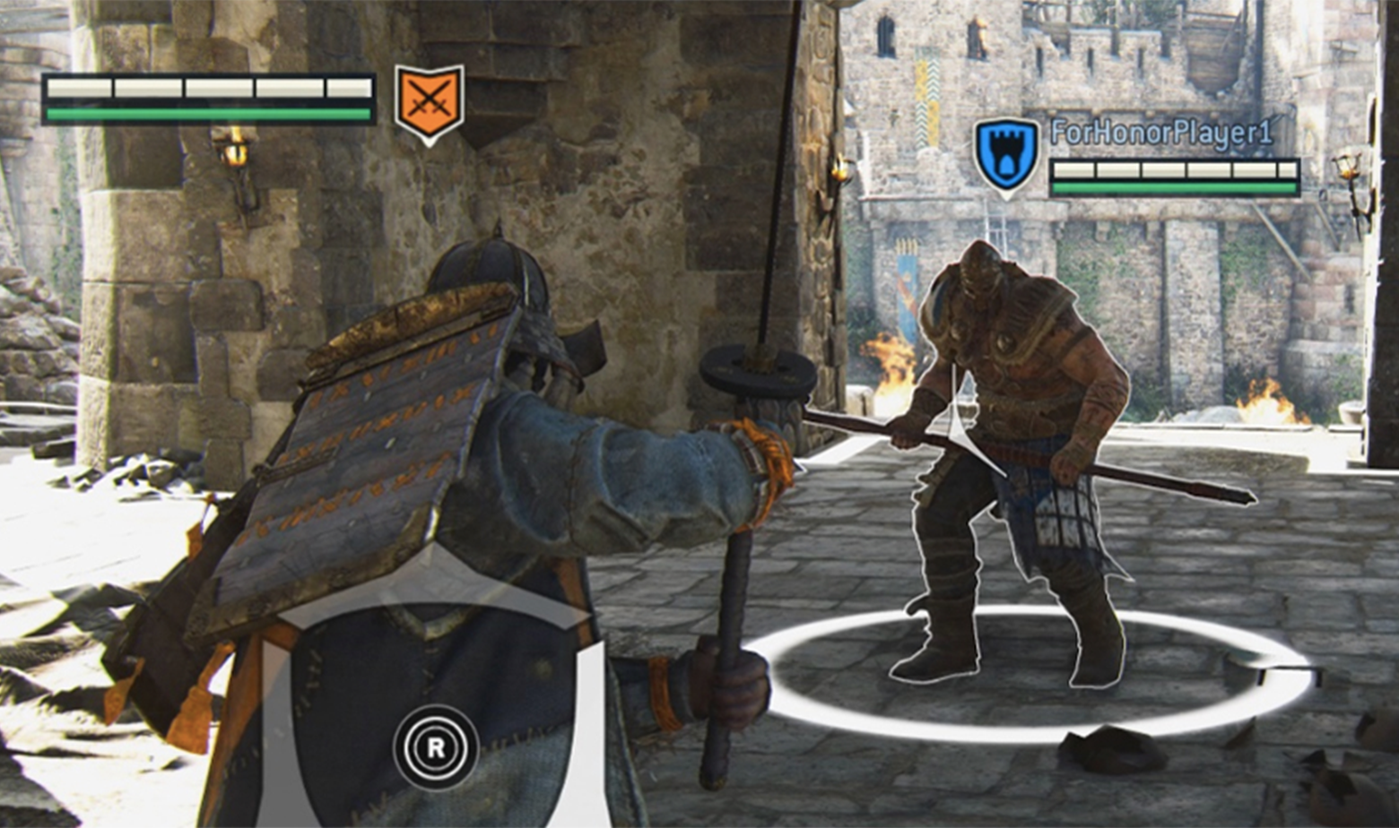 The For Honor heads-up display has progress bars that track the players’ health. The Two characters face off, prepared for battle, and a hit zone encircles Player 1.