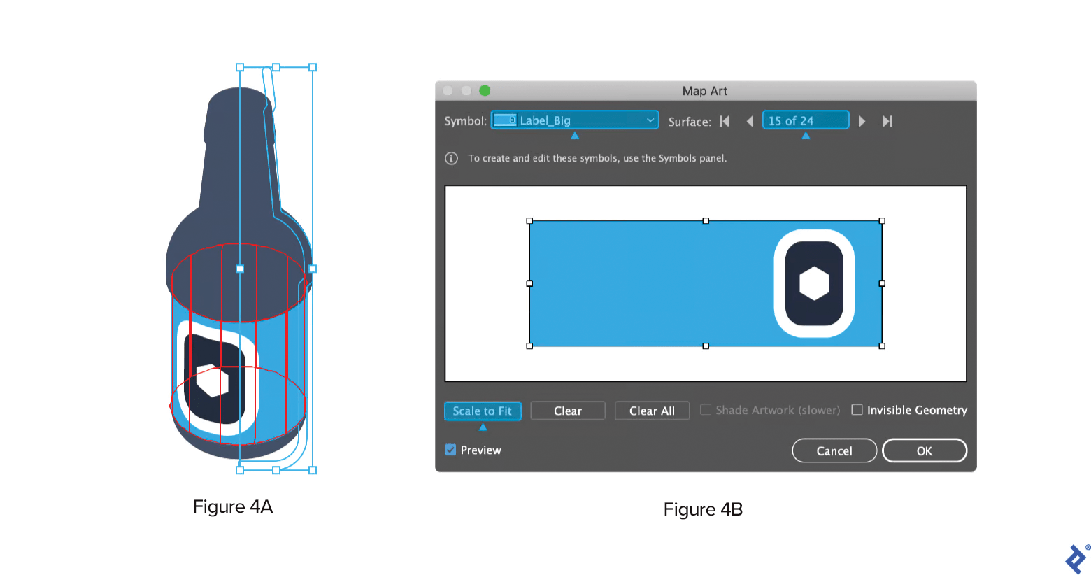 With the Revolve feature, combine the bottle and labels. Use the highlighted settings to map the labels around the bottle.