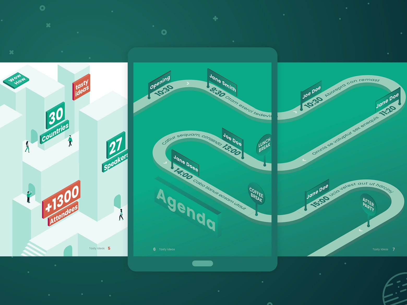 Å tefanâs isometric illustration uses 3D buildings and pathways to present information such as conference attendance and agenda.