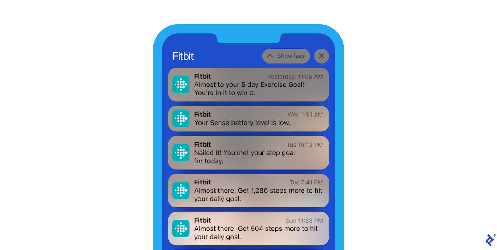 Four motivational and one informational push notifications from the exercise app Fitbit. They read, âAlmost to your 5 day Exercise Goal! Youâre in it to win it;â âYour Sense battery level is low;â âNailed it! You met your step goal for today;â âAlmost there! Get 1,286 steps more to hit your daily goal;â and âAlmost there! Get 504 steps more to hit your daily goal.â