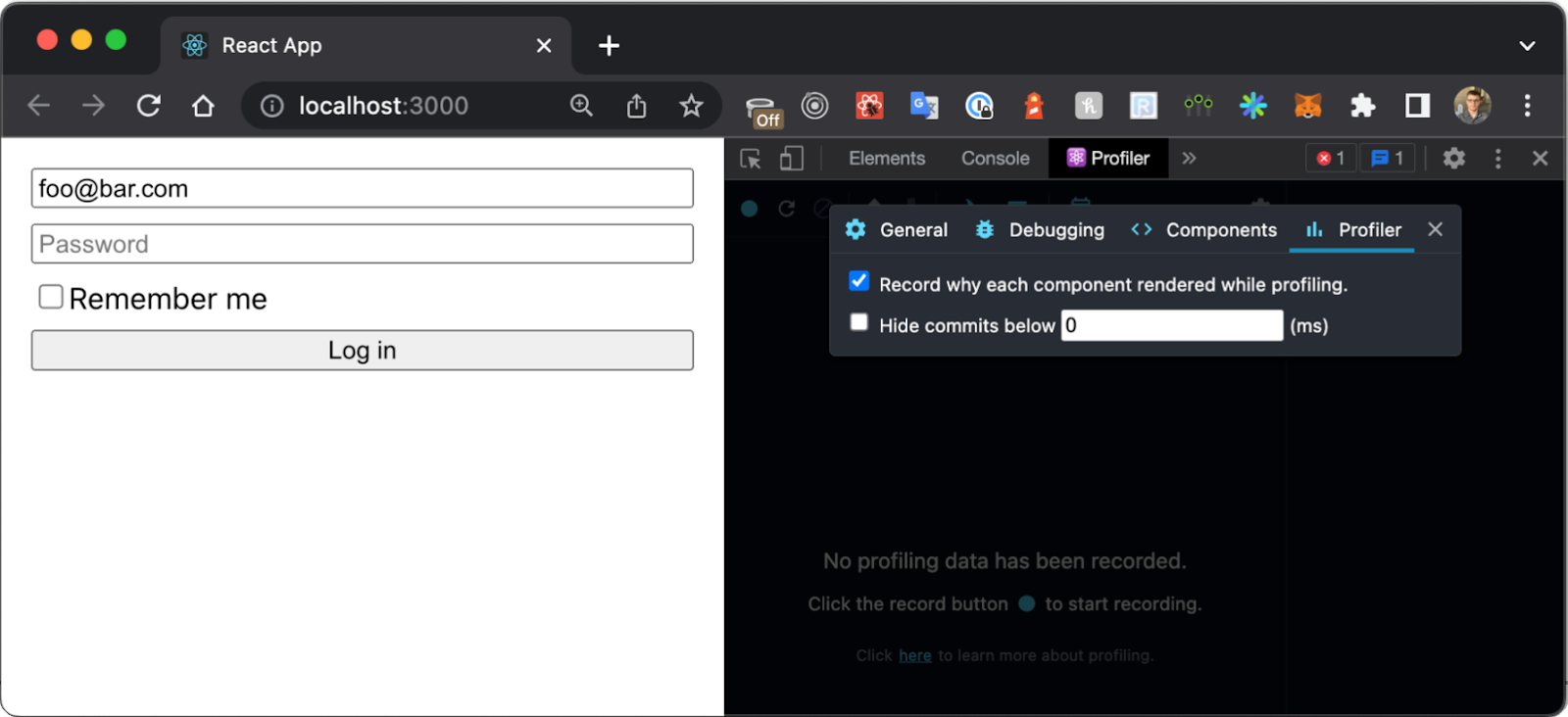 A screenshot of the login component, with the Profiler tab and a pop-up opened on the right. The profiler is set to record why each component rendered while profiling, and the âHide commitsâ functionality is not activated.