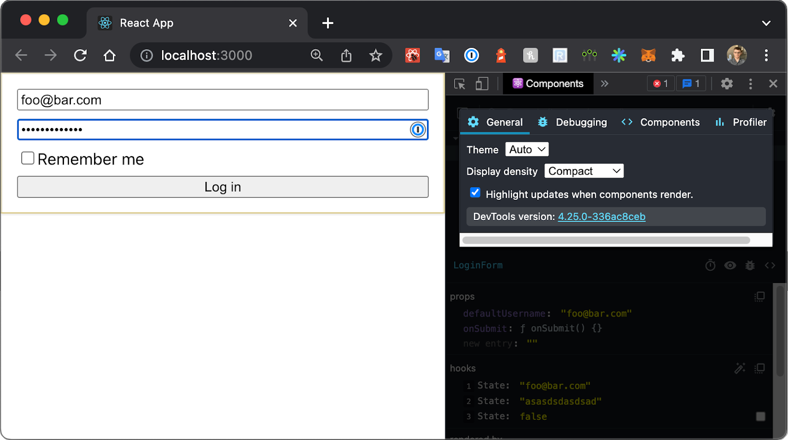The same screenshot as above, with a pop-up appearing over the Components tab. It displays four tabs (General, Debugging, Components, and Profiler), and shows three options inside the General tab: Theme, Display density, and Highlight updates when components render (which is the selected option). The login component shows a filled password field, and appears highlighted in a yellow frame.