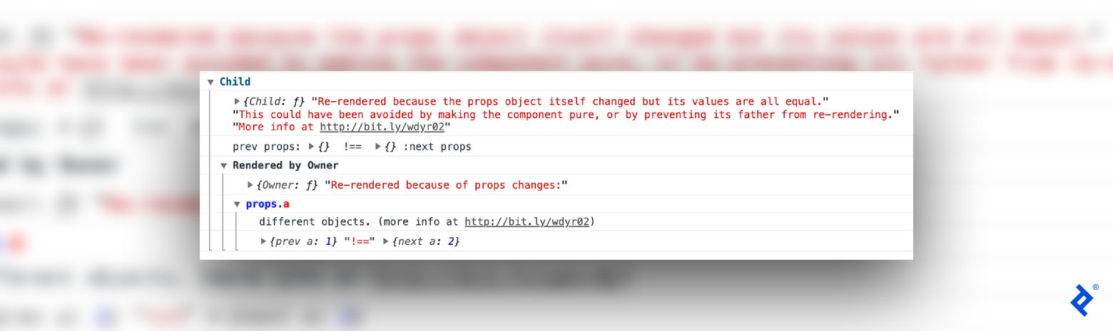 Screenshot of why-did-you-render indicating that Child: f was rerendered because the props object changed.
