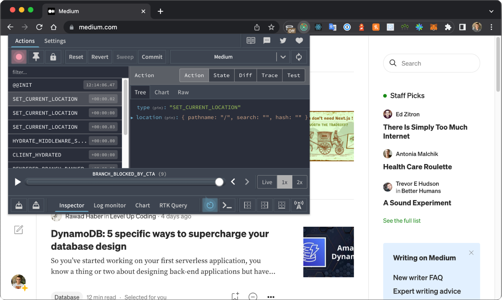 Screenshot of Redux DevTools inspecting a Medium.com page.